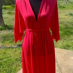 Bright Pink V-neck Dress with Butterfly Sleeves